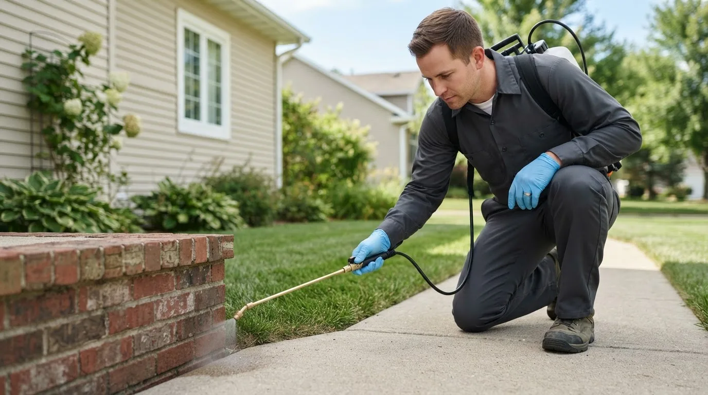 Pest control technician treating a home near Mill Creek, IN